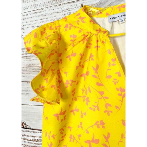 Karina Grimaldi Women's V Neck Tassel Flutter Sleeve Floral Top Bright Yellow XS - Picture 4 of 11